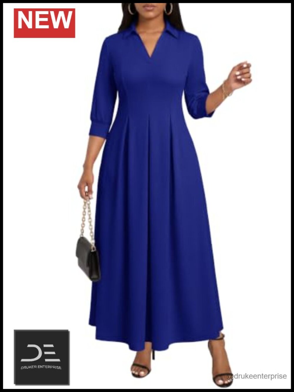FANDEE 3/4 Puff Sleeve Maxi Dress for Women Lapel V-Neck A-Line Pockets